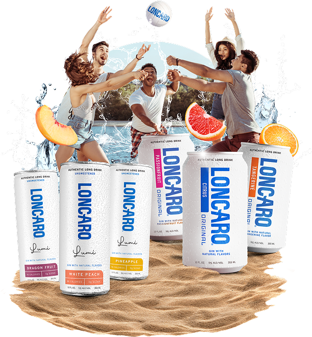 Cans of Loncaro in a variety of flavors including Citrus, Tangerine, and Passionfruit