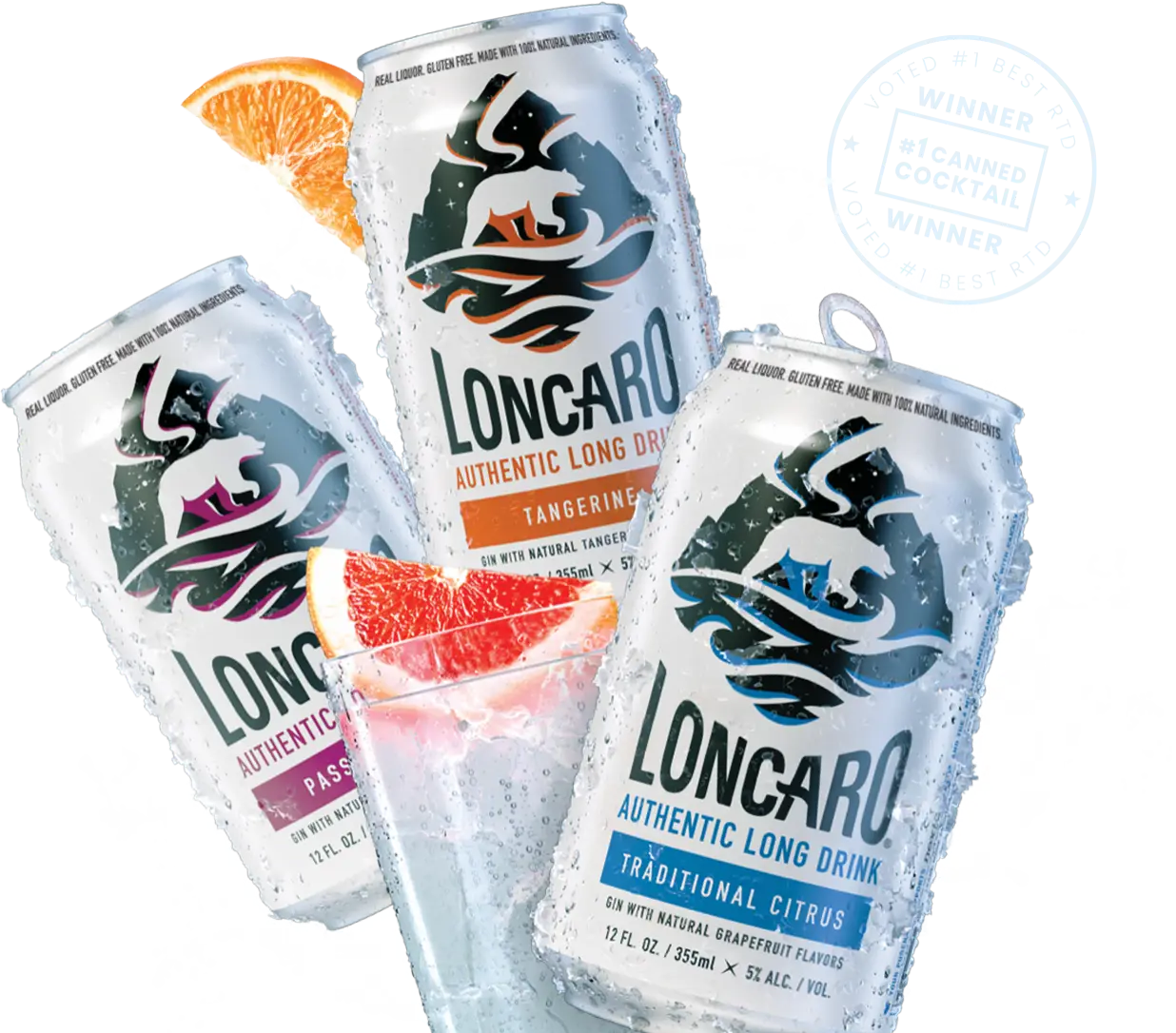 Cans of Loncaro in a variety of flavors including Citrus, Tangerine, and Passionfruit